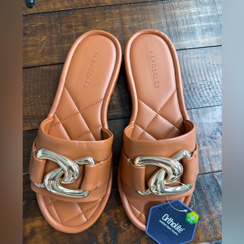 AEROSOLES Brown Big Chain Slide Sandals
